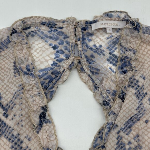 Olivaceous Jules Size Small Snake Print Cut-Out Back Ruffle V-neck Mini Dress - Picture 4 of 12